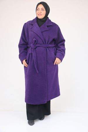 53049 Büyük Beden Keçe Kalın Manşetli Kaban - Mor