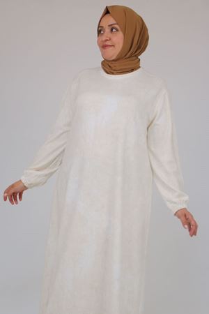 52030 Büyük Beden Kolu Lastikli Modal Elbise - Batik Ekru