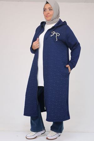 53045 Büyük Beden Kolları Lastikli Modal-Kapitone Kap - Lacivert