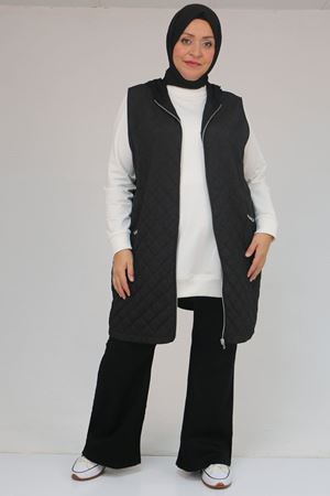 54011 Büyük Beden Cepleri Fermuarlı Modal - Kapitone Yelek - Siyah