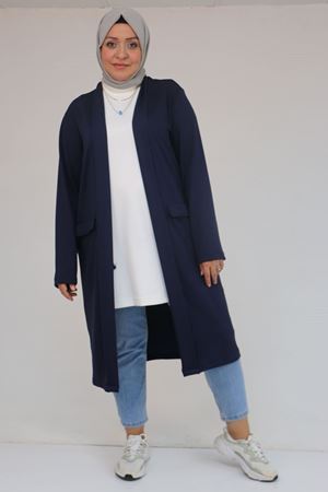 53048 Büyük Beden Cepli Uzun Modal Ceket - İndigo