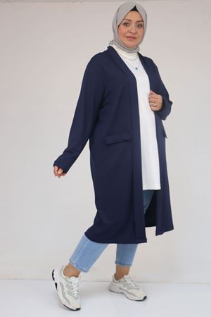 53048 Büyük Beden Cepli Uzun Modal Ceket - İndigo