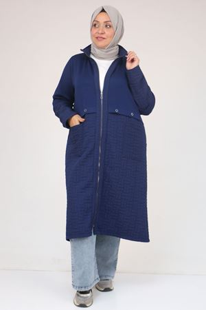 53039 Büyük Beden  Kapitone - Modal Kombinli Trençkot - İndigo