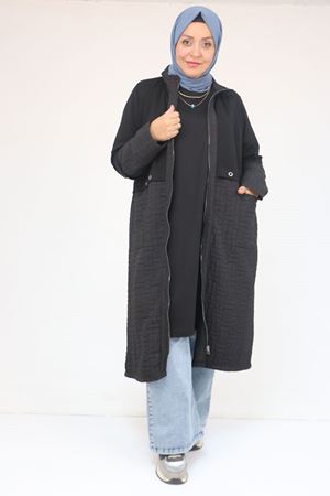 53039 Büyük Beden  Kapitone - Modal Kombinli Trençkot - Siyah