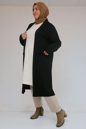53048 Büyük Beden Cepli Uzun Modal Ceket - Siyah
