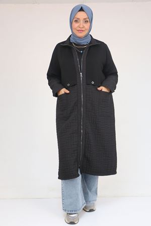 53039 Büyük Beden  Kapitone - Modal Kombinli Trençkot - Siyah