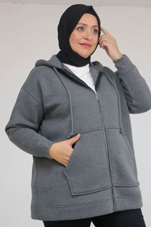 43069 Büyük Beden Eteği Ribanalı Üç İplik Ceket - Antrasit