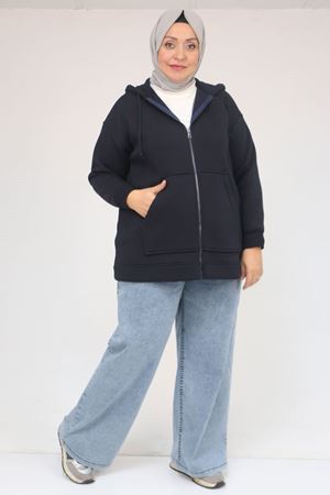 43069 Büyük Beden Eteği Ribanalı Üç İplik Ceket - Lacivert