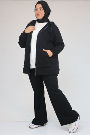43069 Büyük Beden Eteği Ribanalı Üç İplik Ceket - Siyah