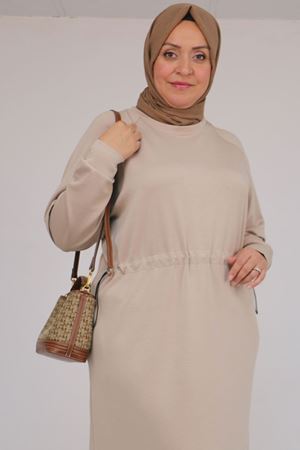 42032 Büyük Beden Beli Lastikli Modal Elbise - Bej
