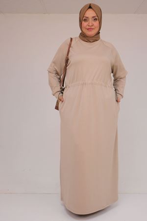 42032 Büyük Beden Beli Lastikli Modal Elbise - Bej