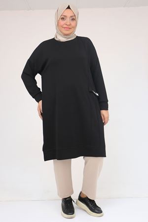 58160 - Büyük Beden İncili Bros Detaylı Modal Tunik - Siyah