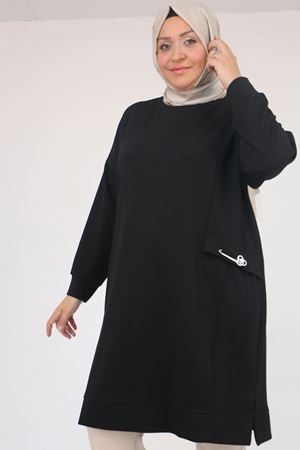 58160 - Büyük Beden İncili Bros Detaylı Modal Tunik - Siyah