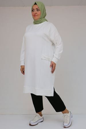 58160 - Büyük Beden İncili Bros Detaylı Modal Tunik- Ekru