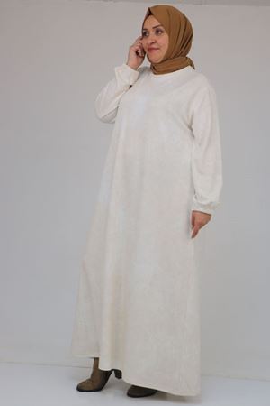 52030 Büyük Beden Kolu Lastikli Modal Elbise - Batik Ekru