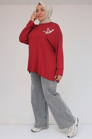58149 Büyük Beden Taş Baskı Detaylı Çilek Tunik - Bordo