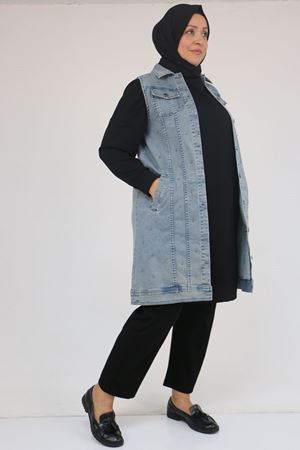 54007 Büyük Beden Çift Cepli İnci Çakmalı Kot Yelek - Kar Yıkama Duman