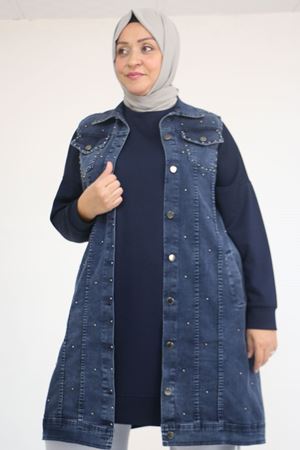 54007 Büyük Beden Çift Cepli İnci Çakmalı Kot Yelek - Kar Yıkama Lacivert