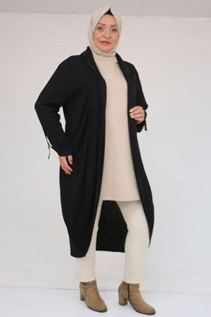 33056 Büyük Beden Petek Triko Waterport Detaylı Ceket -Siyah