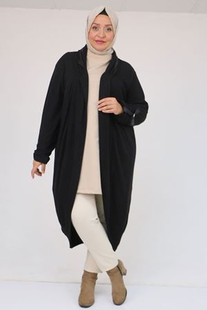 33056 Büyük Beden Petek Triko Waterport Detaylı Ceket -Siyah