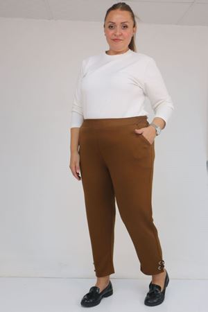 59012 Büyük Beden Paçasında Kuş Gözü Detaylı Modal Pantolon - Taba