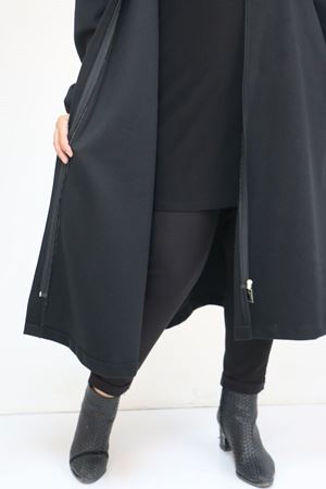 43090 Büyük Beden Yakalı -Kuşaklı Kolu Lastikli Kaşe Kaban - Siyah