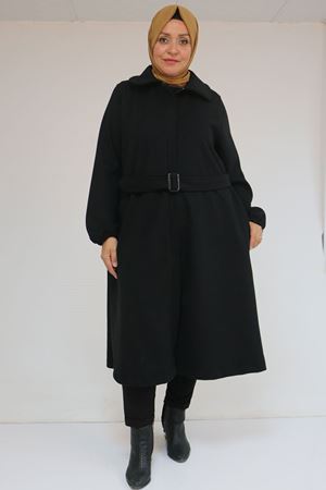 43090 Büyük Beden Yakalı -Kuşaklı Kolu Lastikli Kaşe Kaban - Siyah