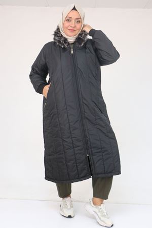 33093 Büyük Beden Kapişonlu Kapitone Ceket-Siyah
