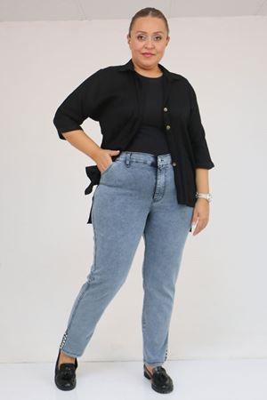 59031 Büyük Beden Paçası Yırtmaçlı Yırtmaçda Taş Detaylı Kot Pantolon - Soğuk Mavi