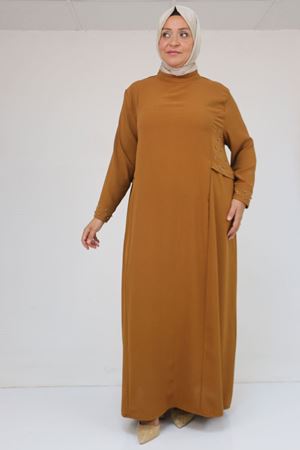 52013 Büyük Beden Taş Detaylı Krep Elbise - Hardal