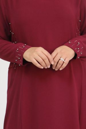 52013 Büyük Beden Taş Detaylı Krep Elbise - Bordo