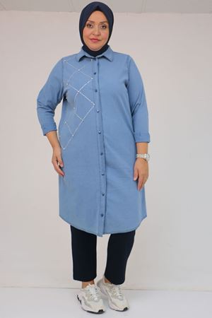 58123 Büyük Beden Önü Taş Detaylı Kot Düğmeli Tunik - Petekli