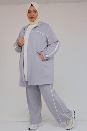 47082 Büyük Beden Kıstırma Biyeli Pantolonlu Modal Takım - Gri
