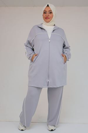 47082 Büyük Beden Kıstırma Biyeli Pantolonlu Modal Takım - Gri