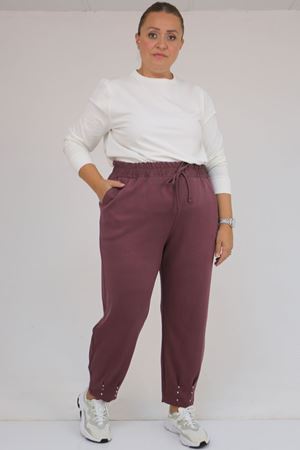 59027 Büyük Beden Paçasında İnci Çakma Modal Pantolon - Gül Kurusu