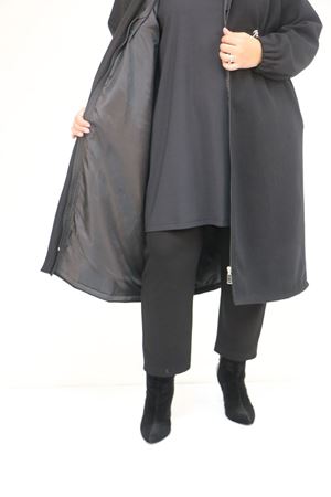 43087 Büyük Beden Kolları Lastikli Kapşonlu Kaşe Kaban - Siyah