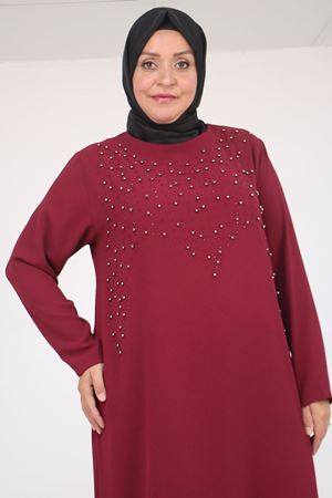 52025 Büyük Beden Etek Ucu Volanlı Taş Detaylı Elbise - Bordo