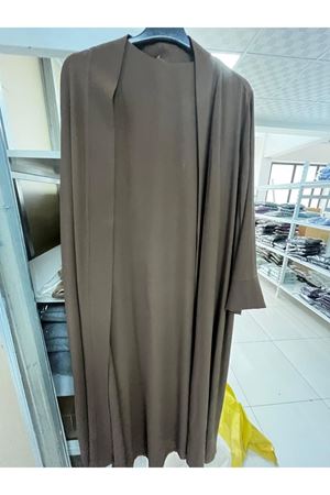 T-57205 Büyük Beden Etamin Elbiseli Abaya - Kahverengi