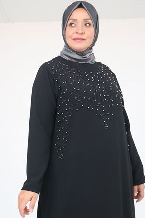 52025 Büyük Beden Etek Ucu Volanlı Taş Detaylı Elbise - Siyah