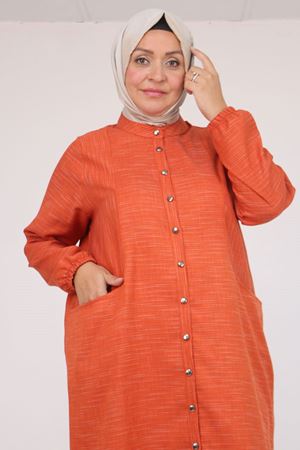 48072  Büyük Beden Kolları Lastikli Tunik - Kiremit Kırçıllı