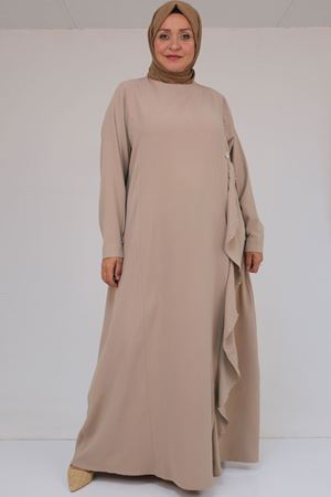 52016 Büyük Beden Önü Fırfırlı Taş Detaylı Krep Elbise - Bej