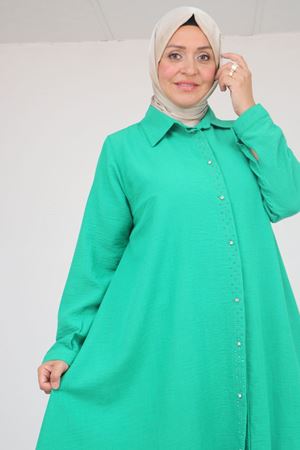 58087 Büyük Beden Taş Baskı Detaylı Keten Mevlana Tunik - Beneton