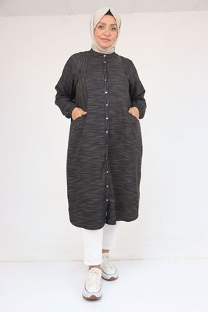 48072  Büyük Beden Kolları Lastikli Tunik - Siyah Kırçıllı