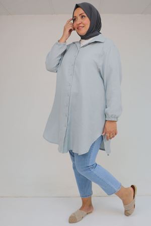 58091 Büyük Beden Kolları Lastikli Müslin Gömlek - Gri