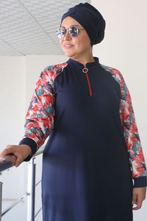 1732 Büyük Beden Balıkçı Yaka Fermuarlı Mayo - Yaprak Desen Oranj