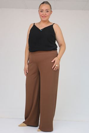 59011 Büyük Beden Pervaz Kemerli Yandan Fermuarlı Krep Pantolon - Kahve