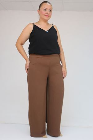 59011 Büyük Beden Pervaz Kemerli Yandan Fermuarlı Krep Pantolon - Kahve