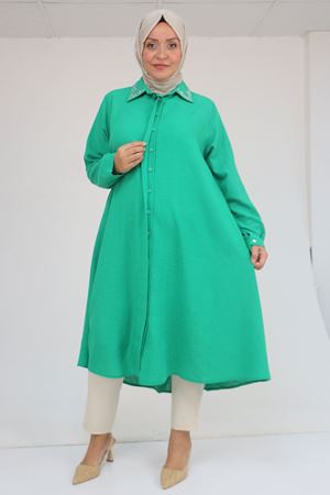 58102 Büyük Beden Taş Baskı Detaylı Keten Mevlana Tunik - Beneton