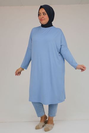 28092 Büyük Beden Düşük Kol Penye Tunik - Buz Mavi
