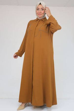 56017 Büyük Beden Taş İşleme Detaylı Krep Ferace - Hardal